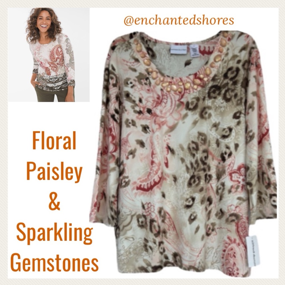 Alfred Dunner Embellished Scoop Neck Blouse Floral Paisley Print Top Size Large